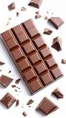 Glossy milk chocolate bar with broken pieces scattered around, creating a delicious, mouthwatering treat on a stark white background