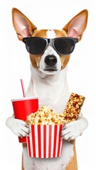 A tan/white dog wearing sunglasses is holding popcorn, a drink, and a granola bar, against a plain white background, facing forward