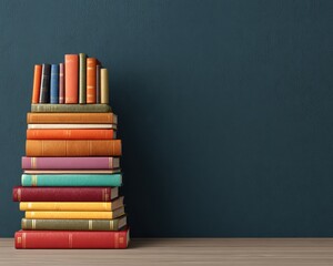 A tall stack of colorful hardcover books placed against a dark teal-blue wall, sitting atop a light wooden surface