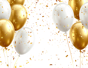 Festive gold and white balloons with confetti on a black background.  A celebration image