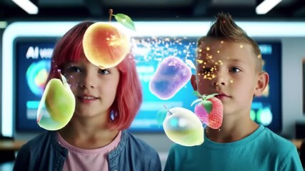 Two children in a futuristic classroom interacting with holographic augmented reality fruit projections. - Powered by Adobe