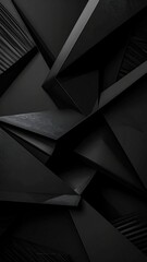 Dark, geometric wallpaper featuring overlapping matte and slightly textured black shards, creating a dynamic, abstract composition