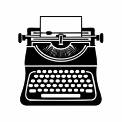 Classic Vintage Typewriter Silhouette with Paper - Retro Writing Machine Icon for Communication, Journalism & Creative Authorship