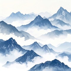 Ethereal blue-hued mountains emerge from misty clouds, evoking a sense of serenity and depth. Soft gradients create a dreamlike, atmospheric vista