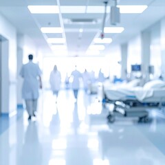 An abstract blur of people walking in a bright hospital corridor, with a bed visible