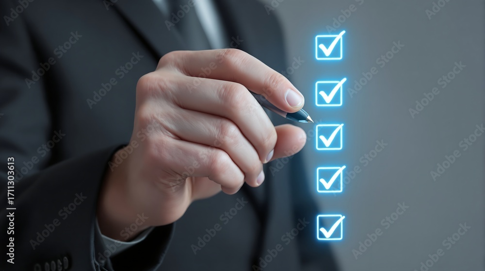 Poster completing checklist tasks business man marking boxes with pen project management survey form compli