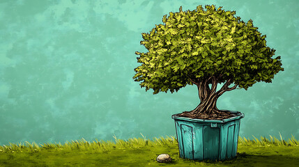 recycling and nature themes: photos of trees sprouting from waste, Earth held above trash, and green initiatives with ample blank spaces for environmental messages.