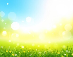 Obraz premium A vibrant, abstract landscape with green grass, small flowers, blue sky, and bright, bokeh-like circles creating a sunny atmosphere
