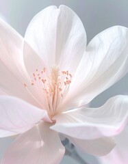 A delicate, soft-focus close-up of a large, white flower with pastel pink hints, showcasing its intricate petal structure and central stamen