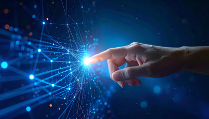 Discovering the future by touching a glowing digital network, unlocking innovation and data connections
