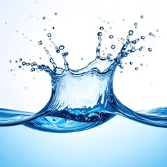 A dynamic water splash with droplets suspended in mid-air, creating a crown-like formation against a gradient blue to white background