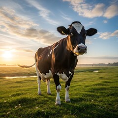 A black and white cow stands in a grassy field at sunrise, facing the camera with a serene expression.