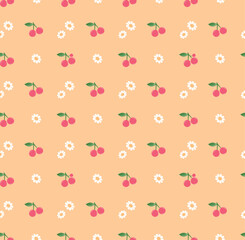  Cherry fruit pattern, cute flower on pink paste and cream backgrounds vector. Cute fruit prints