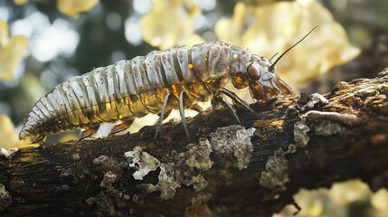 Lacewing larva covered in debris, camouflaged on a sunlit tree branch as it hunts unnoticed among bark and lichen -