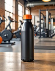 A sleek black water bottle, topped with orange, stands on a wooden surface within a gym setting, machines blurred in the background