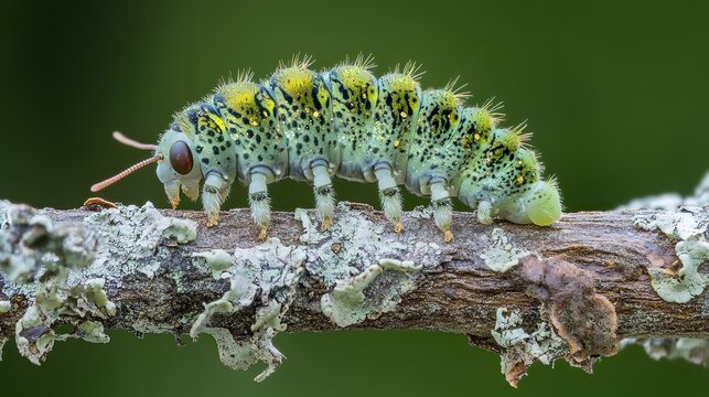 Lacewing larva covered in debris, camouflaged on a sunlit tree branch as it hunts unnoticed among bark and lichen