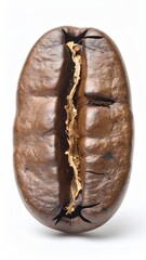A solitary coffee bean, showing a deep crack, stands against a plain white background, showcasing its texture and imperfections in detail