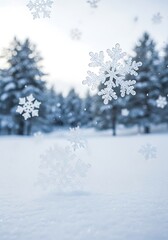 Winter Snowflakes Falling on Snowy Landscape.
