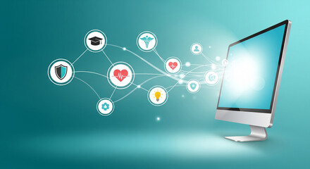 A modern computer monitor displays various service icons like health and education, representing the central role of technology in accessing online information