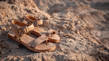 Rustic Brown Sandals on Sandy Beach Shore at Sunset, Capturing Summer Vibes and Natural Footwear Style