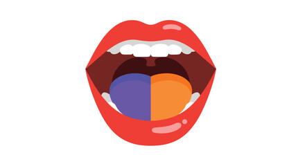 Obraz premium An open mouth reveals a tongue divided into distinct purple and orange halves.