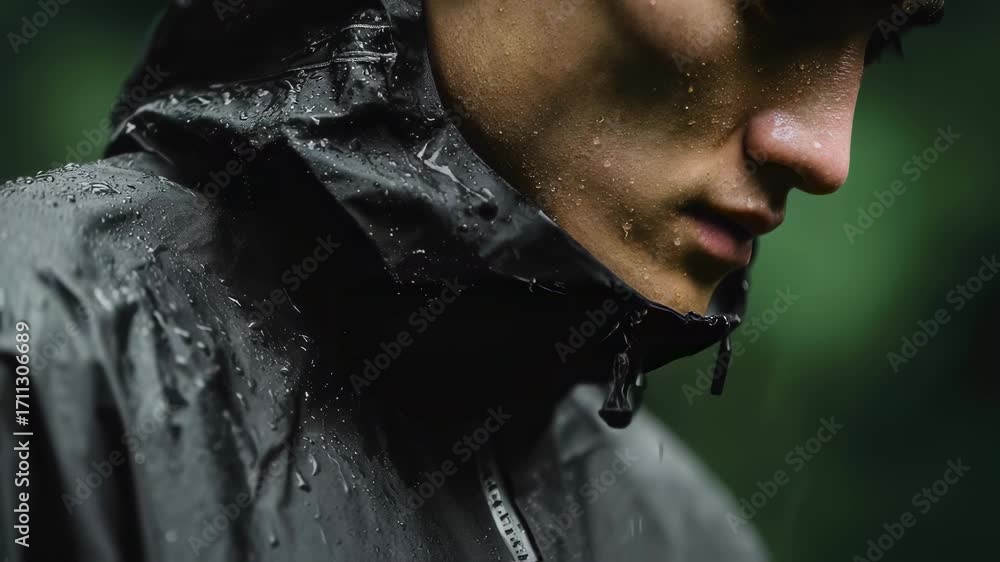 Poster medium shot of a model wearing a sleek waterproof jacket with raindrops sliding off the background b