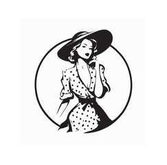 Elegant Vintage Model in Dress and Hat Vector Logo Design on white background