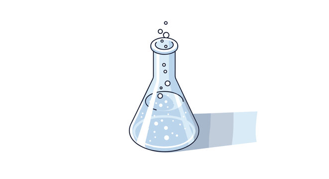 A laboratory flask with a clear liquid and bubbles showing a chemical reaction happening.