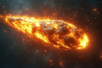 A large asteroid blazes across the sky with a bright orange flame.