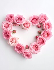 Heart shape of lovely pink roses with a white background. Close-up flowers with subtle colour variation and buds form a romantic heart