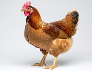 Side view of a light brown hen with golden and auburn feathers, pink comb and wattle, on a white background in a well-lit studio shot