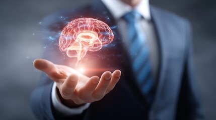 Businessman Holding Digital Brain Illustration in Hand Creating Futuristic Technology Concept
