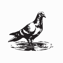 Pigeon Drinking Water While Standing Peacefully Silhouette vector isolated on white background