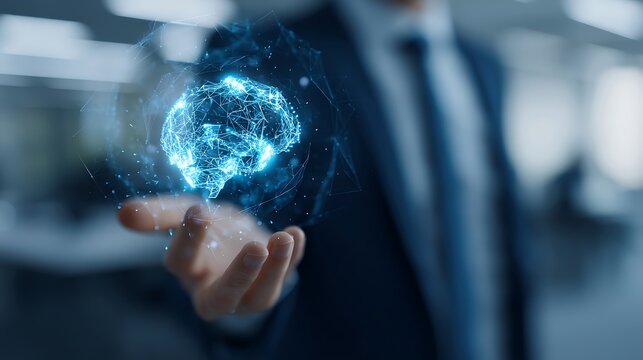 Businessman Holding Digital Brain Interface in Modern Office Environment