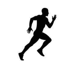 Naklejka premium A dynamic black silhouette of a male athlete captured in full stride, representing speed, fitness, and the essence of human movement against a clean white background.