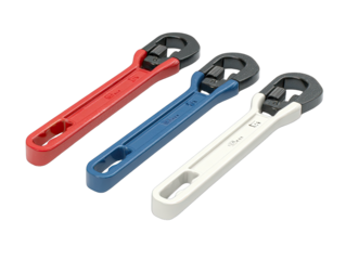 Three adjustable wrenches in red, blue, and white