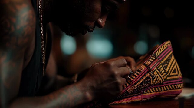 Close medium shot on designer assembling patchwork apparel highlighting textured fabrics and needlework with the background subtly blurred.