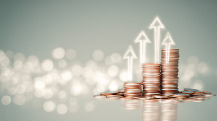 exchange. An abstract representation of financial growth with floating coins and upward arrows on a gradient background. pitch deck slides.
