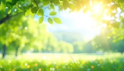 Serene, sun-drenched meadow scene; lush green leaves frame a bright field with distant trees and gentle bokeh effects highlight the scene