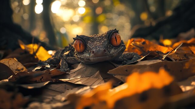 Satanic leaf-tailed gecko curled on a forest floor covered in sunlit fallen leaves, indistinguishable from its surroundings  - Powered by Adobe