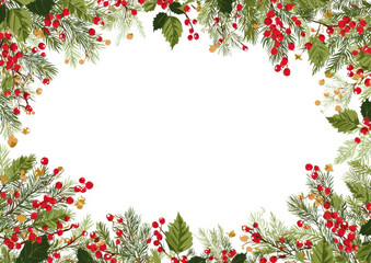 Fototapeta premium Festive border with red berries, green leaves, and pine branches creates cheerful holiday frame. design is perfect for Christmas cards or seasonal invitations