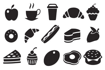 Black silhouette food icons, showcasing a variety of delicious meals, desserts, and snacks for culinary projects