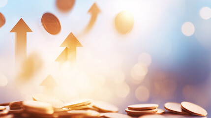 exchange. An abstract representation of financial growth with floating coins and upward arrows on a gradient background. pitch deck slides.