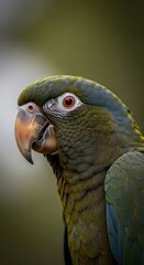 Obraz premium Close-up profile view of a vibrant parrot, showcasing intricate feather details and a striking array of green, blue, and gray tones.