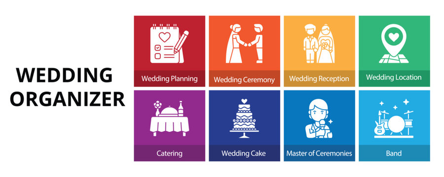 Wedding Organizer Glyph Solid Banner Web Icon Set Vector Illustration, Wedding Planning Ceremony Reception Location Catering Cake Master of Ceremony Band