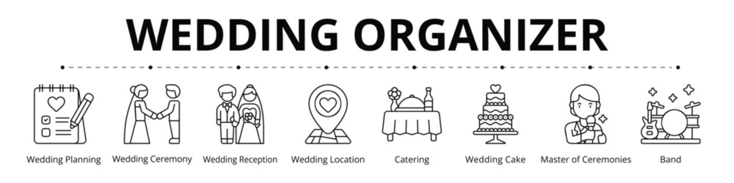 Wedding Organizer Line Banner Web Icon Set Vector Illustration, Wedding Planning Ceremony Reception Location Catering Cake Master of Ceremony Band