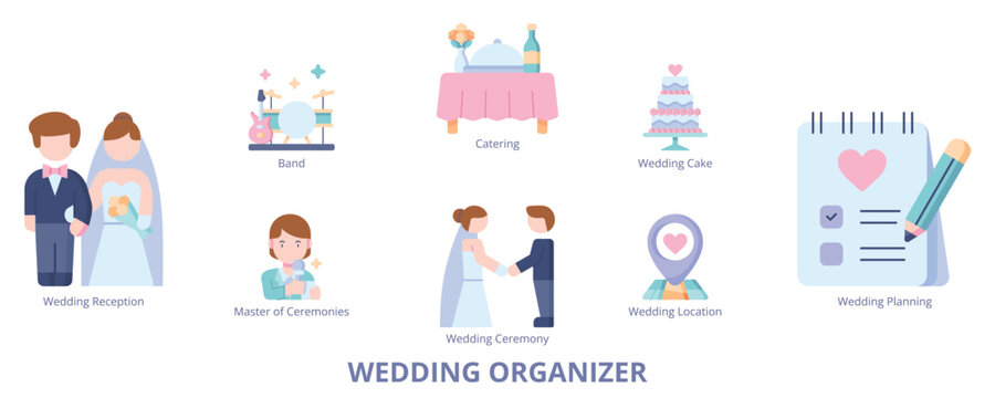 Wedding Organizer Flat Banner Web Icon Set Vector Illustration, Wedding Planning Ceremony Reception Location Catering Cake Master of Ceremony Bandv