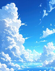 Vast blue sky filled with fluffy white cumulus clouds, painted in a vibrant, anime-inspired style, suggesting a dreamy atmosphere