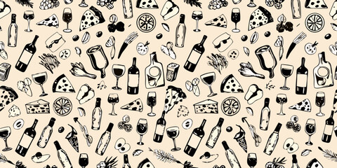 Hand drawn sketch pattern of wine bottles glasses cheese slices fruits and vegetables on a light background