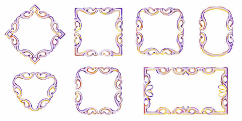 Collection of ornate decorative frames with purple gold and pink watercolor accents on a white background